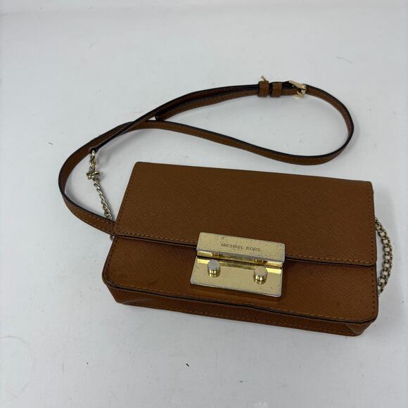 Michael Kors Crossbody Flap Top Bag Chain Wax Canvas Tan Gold - Picture 9 of 10